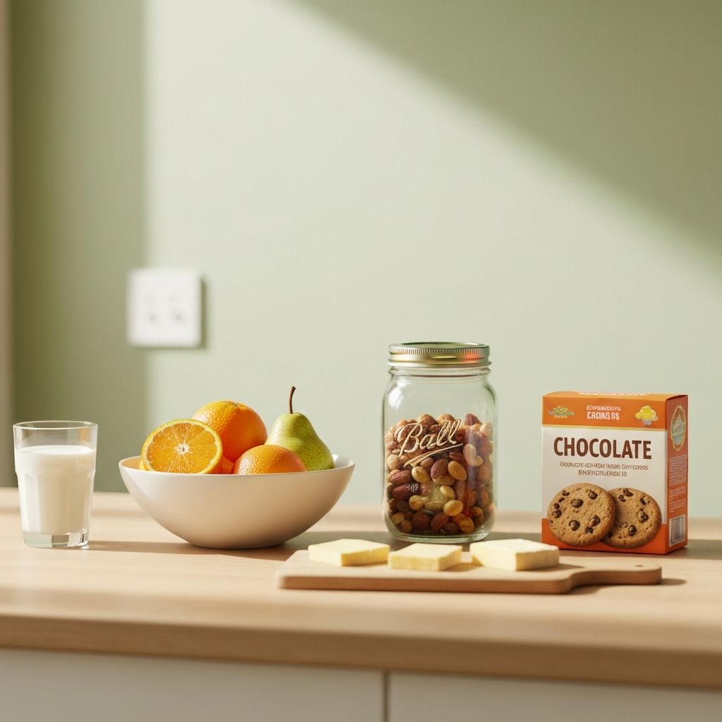 A kitchen counter with everyday snack items and beverages